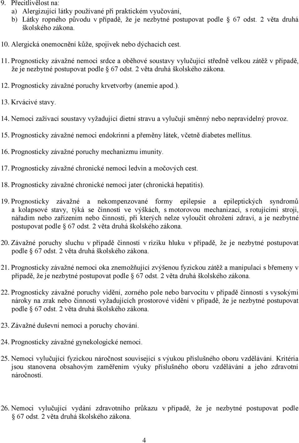 Prognosticky závažné poruchy krvetvorby (anemie apod.). 13. Krvácivé stavy. 14. Nemoci zažívací soustavy vyžadující dietní stravu a vylučují směnný nebo nepravidelný provoz. 15.