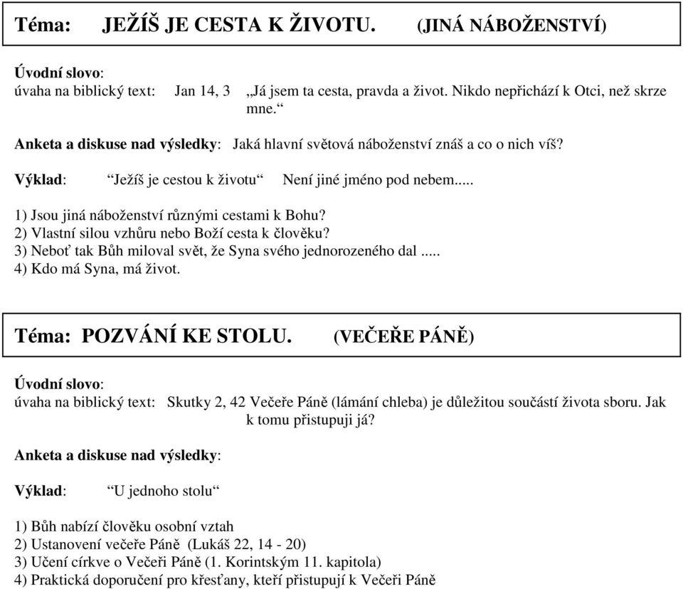 2) Vlastní silou vzhůru nebo Boží cesta k člověku? 3) Neboť tak Bůh miloval svět, že Syna svého jednorozeného dal... 4) Kdo má Syna, má život. Téma: POZVÁNÍ KE STOLU.