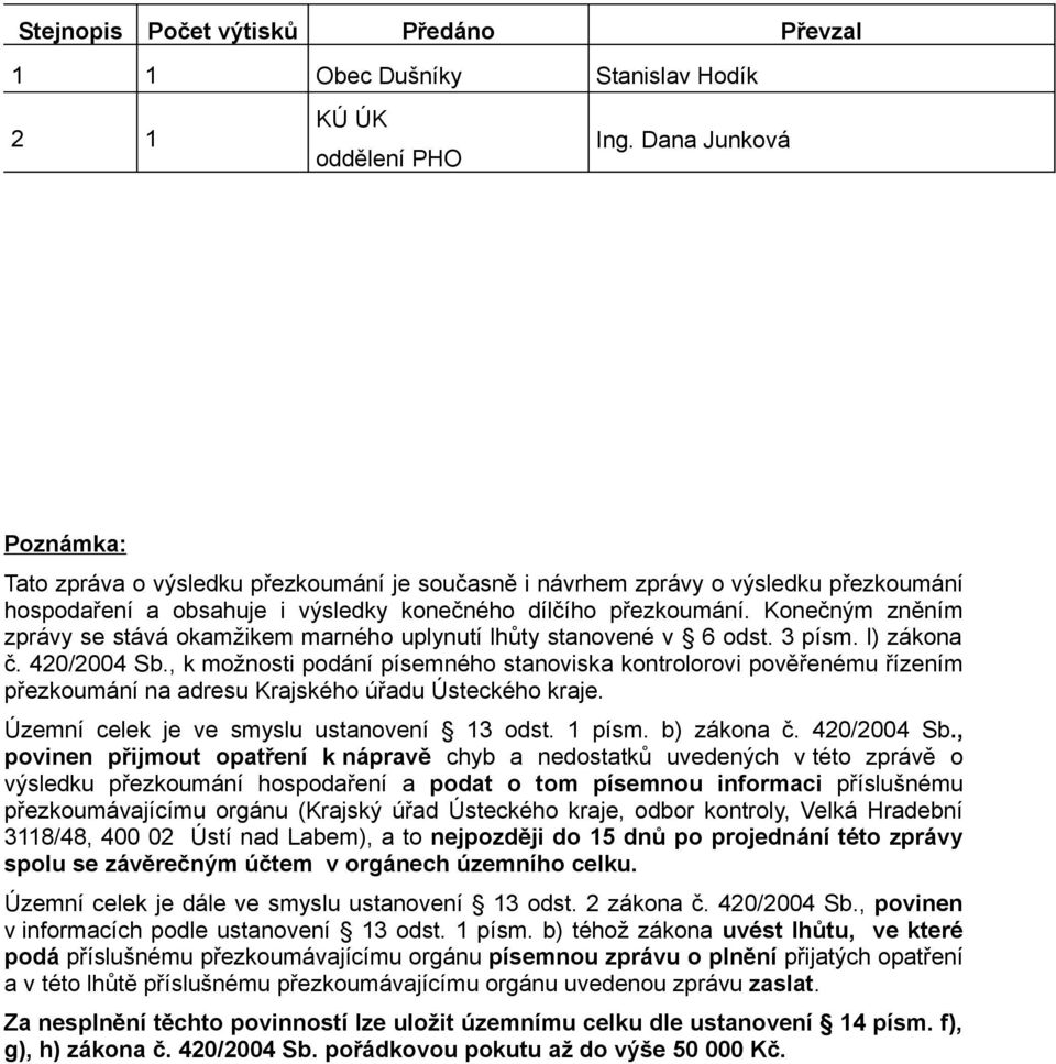 Konečným zněním zprávy se stává okamžikem marného uplynutí lhůty stanovené v 6 odst. 3 písm. l) zákona č. 420/2004 Sb.
