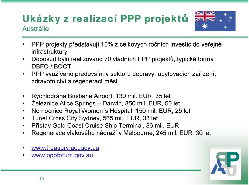 PPP využíváno především v sektoru dopravy, ubytovacích zařízení, zdravotnictví a regenerací měst. Rychlodráha Brisbane Airport, 130 mil.