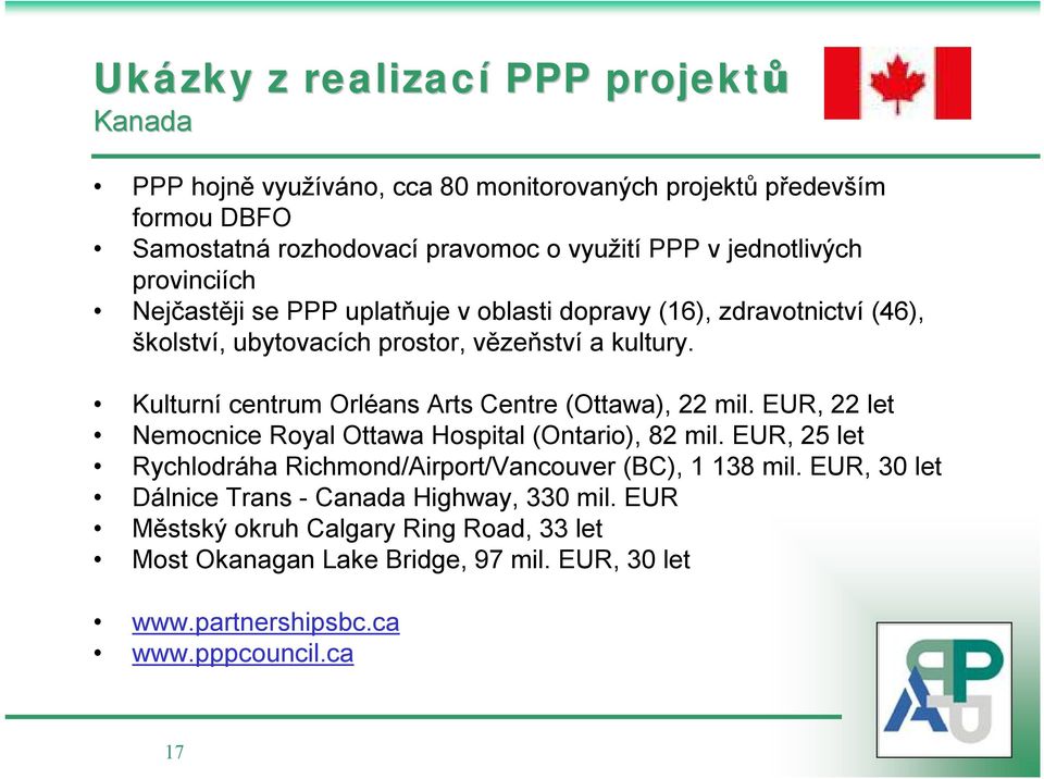 Kulturní centrum Orléans Arts Centre (Ottawa), 22 mil. EUR, 22 let Nemocnice Royal Ottawa Hospital (Ontario), 82 mil.