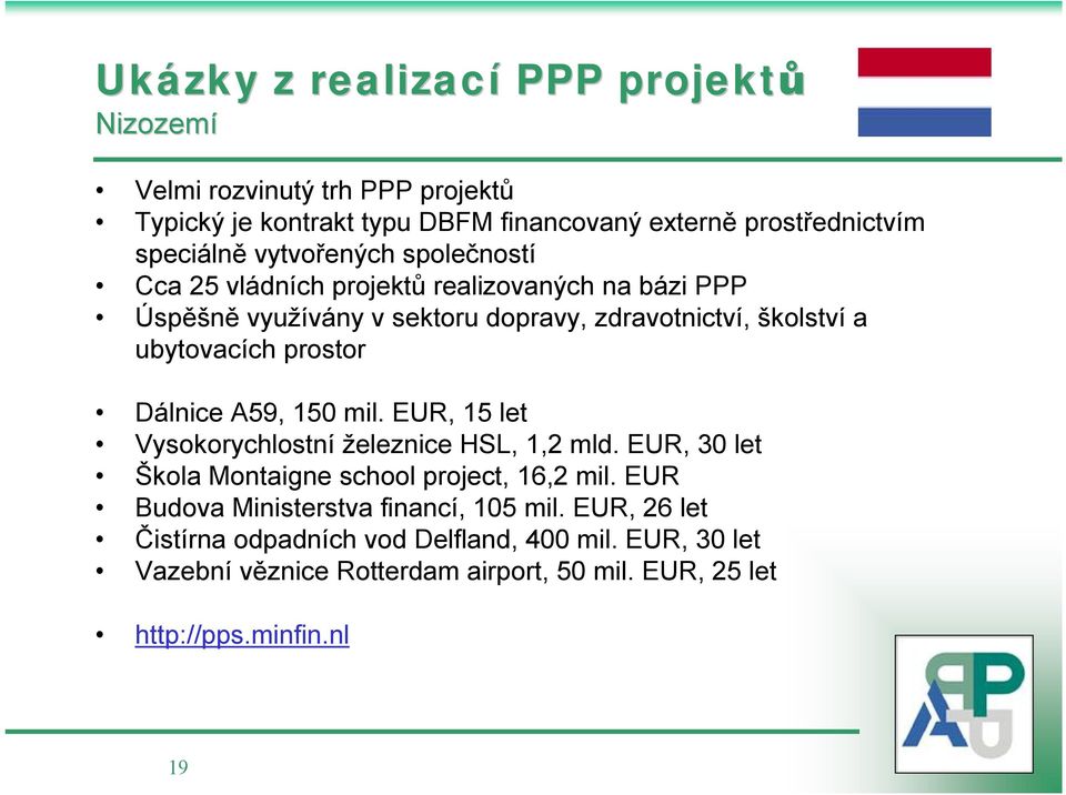 mil. EUR, 15 let Vysokorychlostní železnice HSL, 1,2 mld. EUR, 30 let Škola Montaigne school project, 16,2 mil.