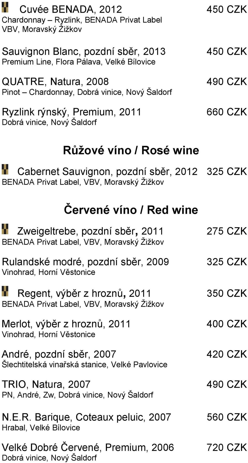 Rulandské modré, pozdní sběr, 2009 Regent, výběr z hroznů, 2011 Merlot, výběr z hroznů, 2011 André, pozdní sběr, 2007 Šlechtitelská vinařská stanice, Velké Pavlovice TRIO, Natura, 2007 PN, André,