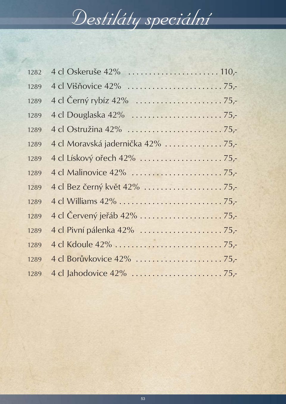 ..................... 75,- 1289 4 cl Bez černý květ 42%................... 75,- 1289 4 cl Williams 42%......................... 75,- 1289 4 cl Červený jeřáb 42%.................... 75,- 1289 4 cl Pivní pálenka 42%.