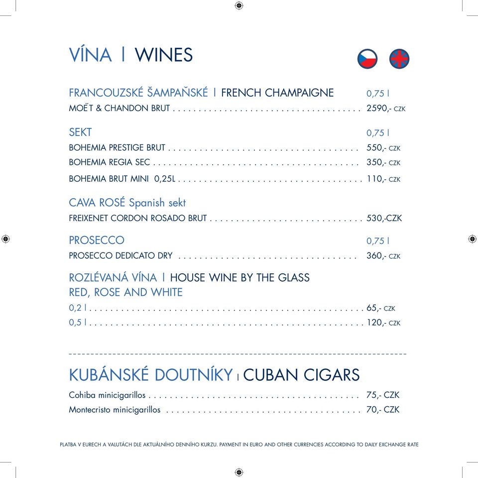 ............................ 530,-CZK PROSECCO PROSECCO DEDICATO DRY.................................. 360,- CZK ROZLÉVANÁ VÍNA HOUSE WINE BY THE GLASS RED, ROSE AND WHITE 0,2 l.................................................... 65,- CZK 0,5 l.