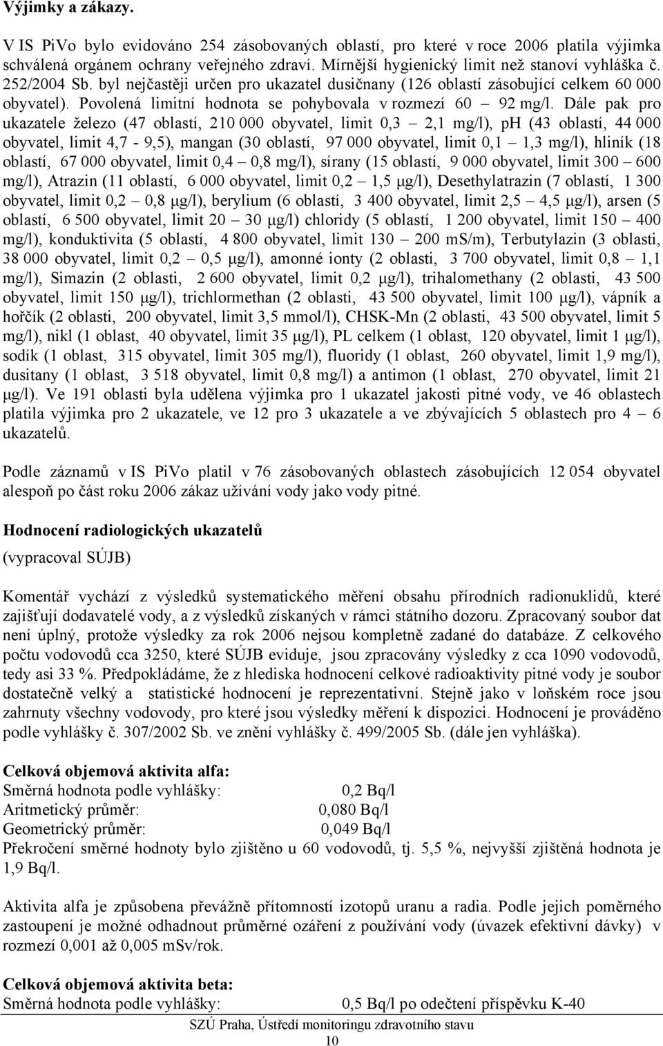 Dále pak pro ukazatele železo (47 oblastí, 210 000 obyvatel, limit 0,3 2,1 mg/l), ph (43 oblastí, 44 000 obyvatel, limit 4,7-9,5), mangan (30 oblastí, 97 000 obyvatel, limit 0,1 1,3 mg/l), hliník (18