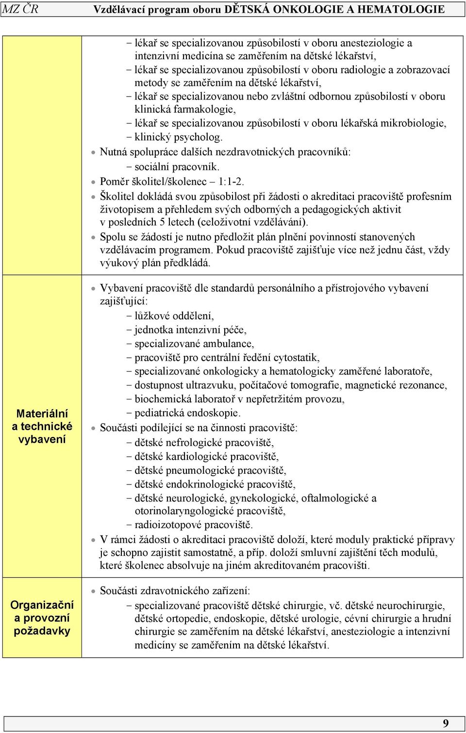 - klinický psycholog. Nutná spolupráce dalších nezdravotnických pracovníků: - sociální pracovník. Poměr školitel/školenec :-2.