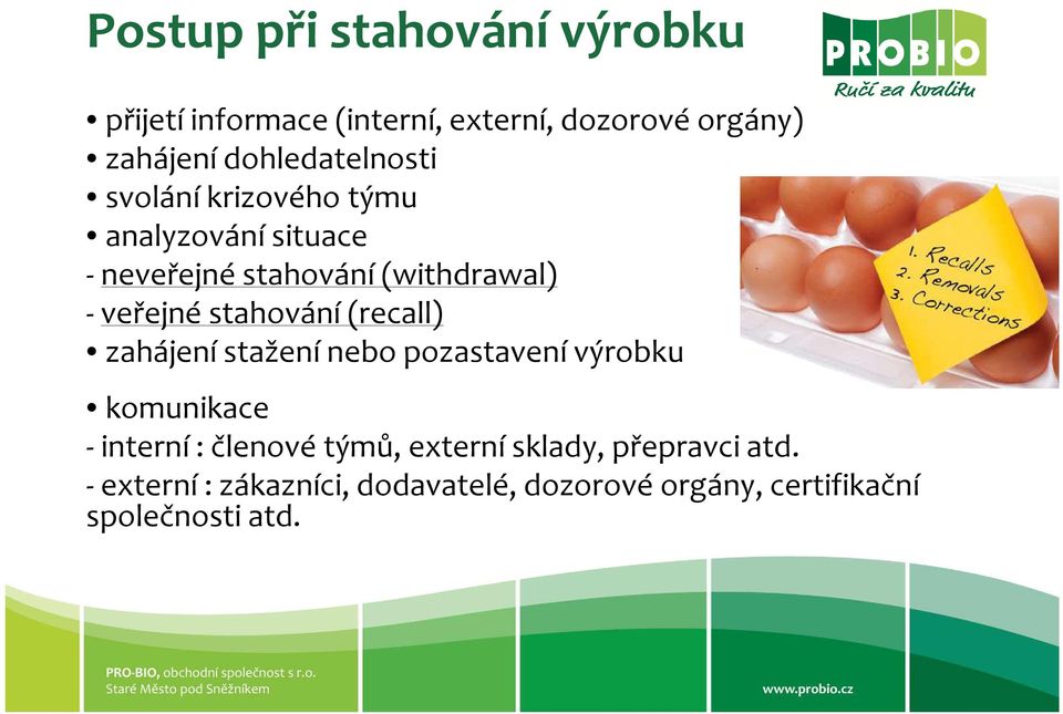 -veřejné stahování (recall) zahájení stažení nebo pozastavení výrobku komunikace -interní : členové