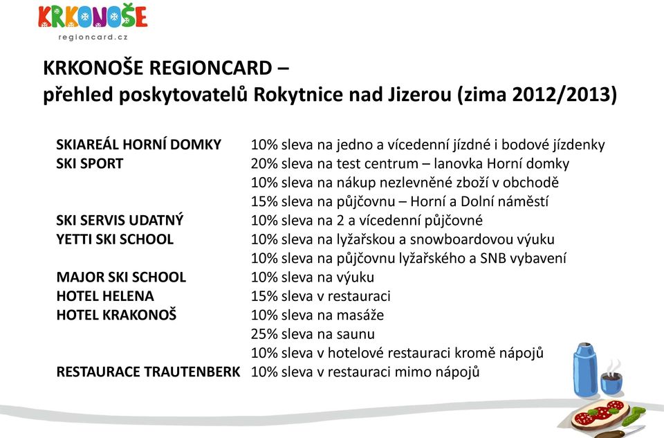 vícedenní půjčovné YETTI SKI SCHOOL 10% sleva na lyžařskou a snowboardovou výuku 10% sleva na půjčovnu lyžařského a SNB vybavení MAJOR SKI SCHOOL 10% sleva na výuku HOTEL