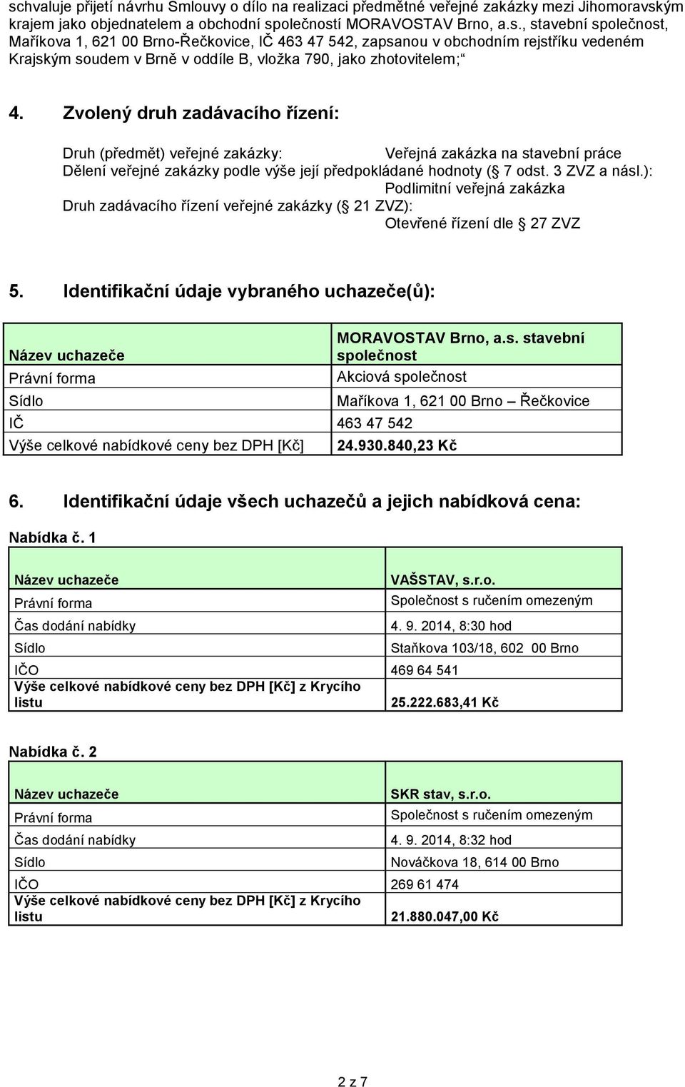 ): Podlimitní veřejná zakázka Druh zadávacího řízení veřejné zakázky ( 21 ZVZ): Otevřené řízení dle 27 ZVZ 5. Identifikační údaje vybraného uchazeče(ů): MORAVOSTAV Brno, a.s.