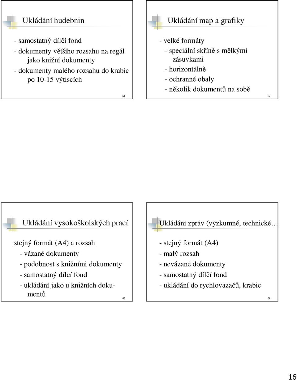 vysokoškolských prací Ukládání zpráv (výzkumné, technické ) stejný formát (A4) a rozsah - vázané dokumenty - podobnost s knižními dokumenty - samostatný dílčí