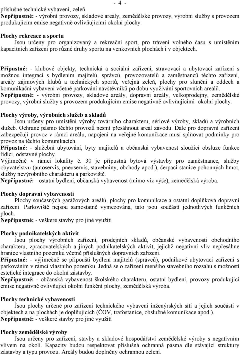 Přípustné: - klubové objekty, technická a sociální zařízení, stravovací a ubytovací zařízení s možnou integrací s bydlením majitelů, správců, provozovatelů a zaměstnanců těchto zařízení, areály