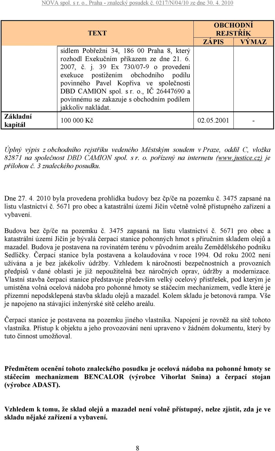 OBCHODNÍ REJSTŘÍK ZÁPIS VÝMAZ 100 000 Kč 02.05.2001 - Úplný výpis z obchodního rejstříku vedeného Městským soudem v Praze, oddíl C, vložka 82871 na společnost DBD CAMION spol. s r. o. pořízený na internetu (www.