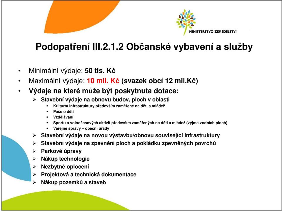 děti Vzdělávání Sportu a volnočasových aktivit především zaměřených na děti a mládež (vyjma vodních ploch) Veřejné správy obecní úřady Stavební výdaje na novou