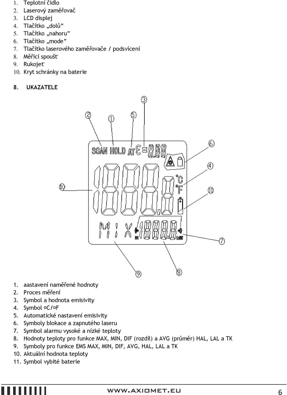 Symbol C/ F 5. Automatické nastavení emisivity 6. Symboly blokace a zapnutého laseru 7. Symbol alarmu vysoké a nízké teploty 8.