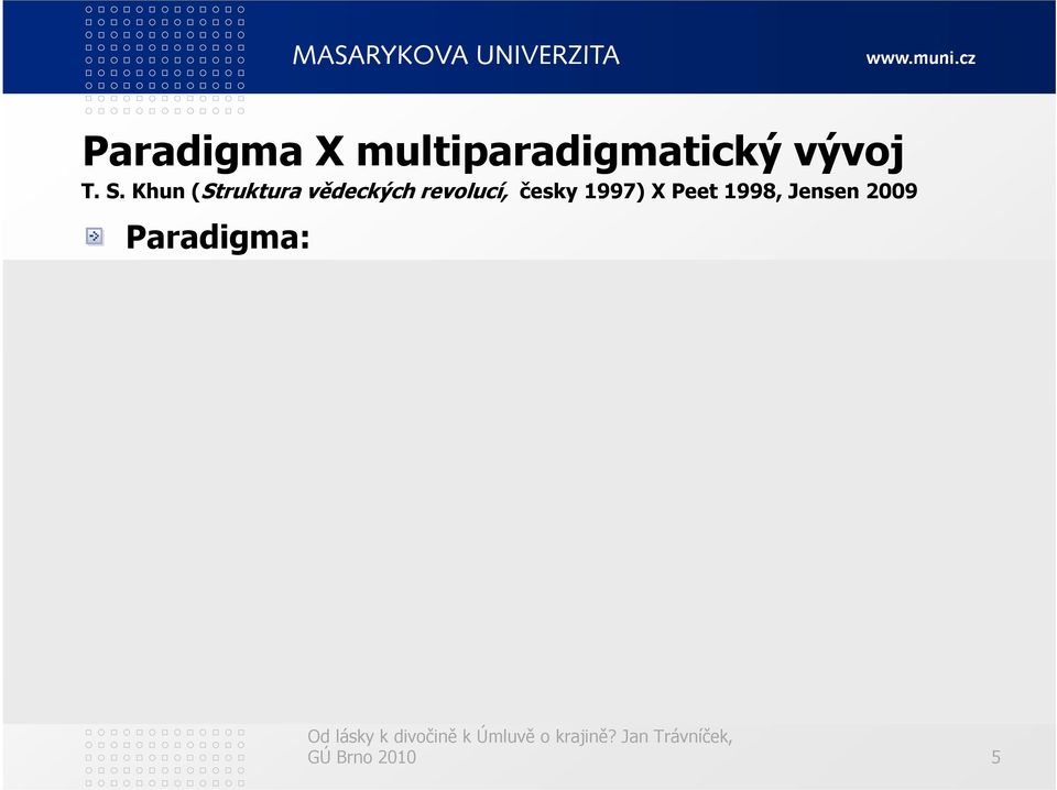 Paradigma: určuje co zkoumat (a co ne), jak to zkoumat, jak o tom referovat
