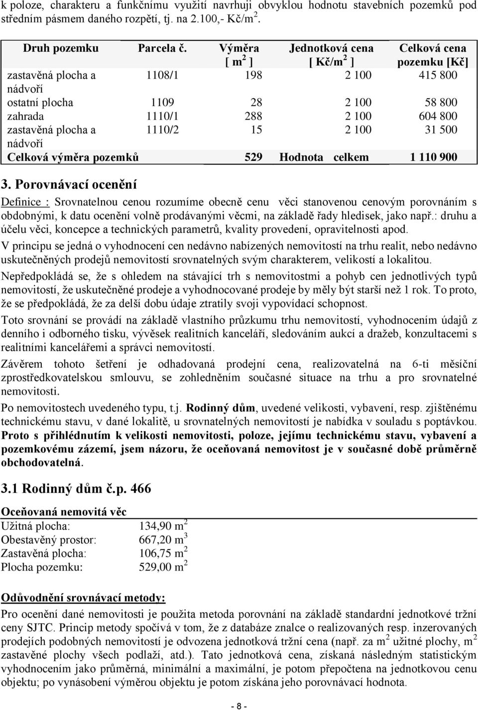 plocha a 1110/2 15 2 100 31 500 nádvoří Celková výměra pozemků 529 Hodnota celkem 1 110 900 3.