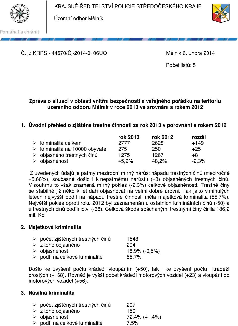 Úvodní přehled o zjištěné trestné činnosti za rok 2013 v porovnání s rokem 2012 kriminalita celkem 2777 2628 +149 kriminalita na 10000 obyvatel 275 250 +25 objasněno trestných činů 1275 1267 +8