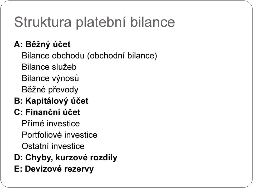 B: Kapitálový účet C: Finanční účet Přímé investice Portfoliové