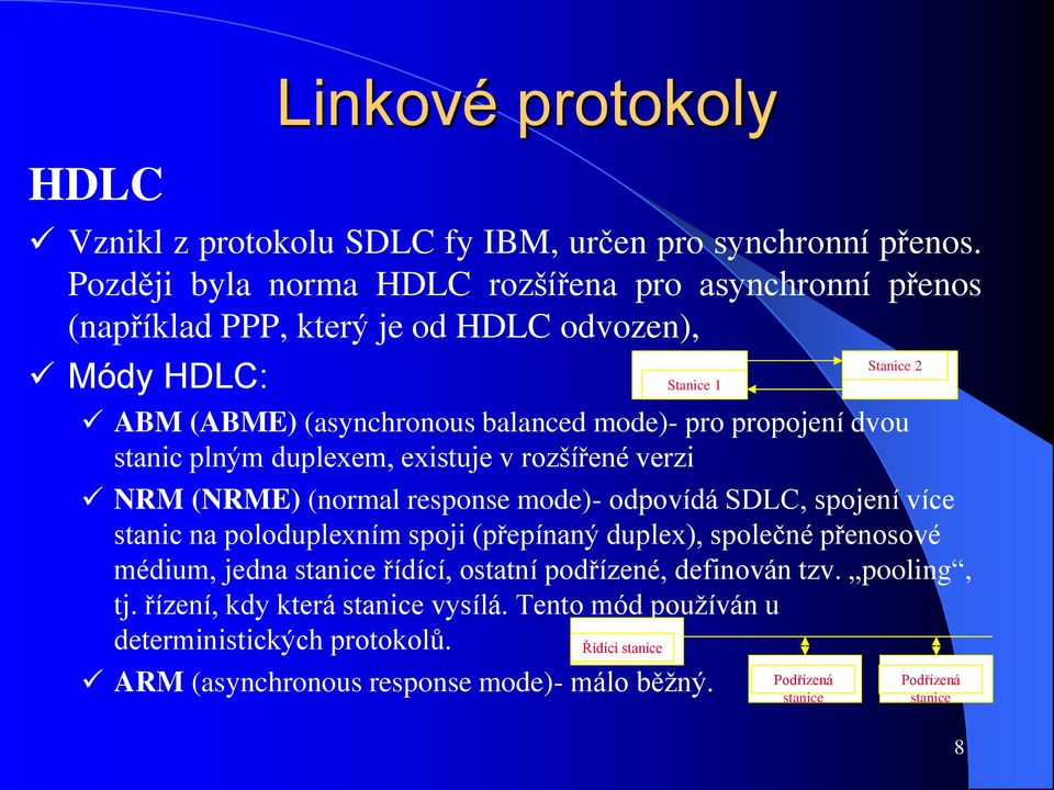 plným duplexem, existuje v rozšířené verzi NRM (NRME) (normal response mode)- odpovídá SDLC, spojení více stanic na poloduplexním spoji (přepínaný duplex), společné přenosové