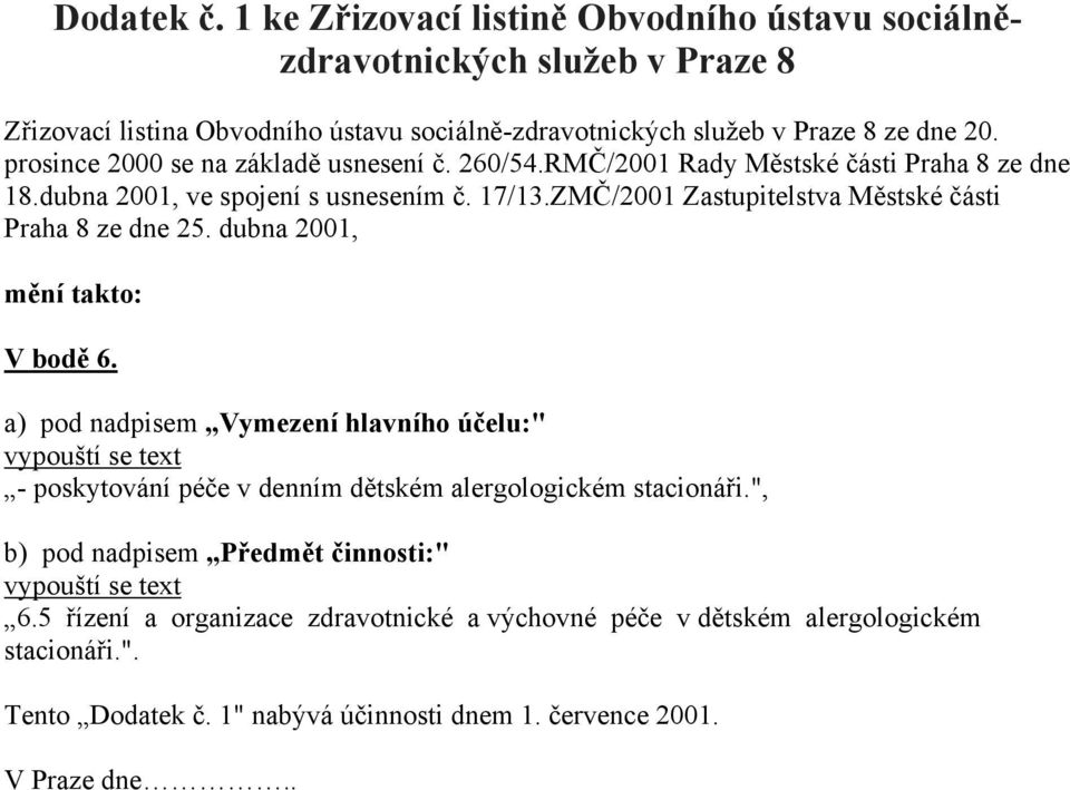 ZMČ/2001 Zastupitelstva Městské části Praha 8 ze dne 25. dubna 2001, mění takto: V bodě 6.