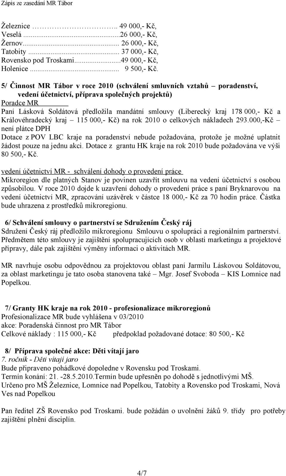 178 000,- Kč a Královéhradecký kraj 115 000,- Kč) na rok 2010 o celkových nákladech 293.