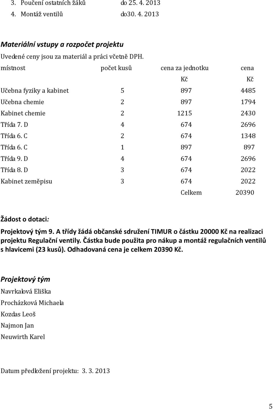 C 1 897 897 Třída 9. D 4 674 2696 Třída 8. D 3 674 2022 Kabinet zeměpisu 3 674 2022 Celkem 20390 Žádost o dotaci: Projektový tým 9.