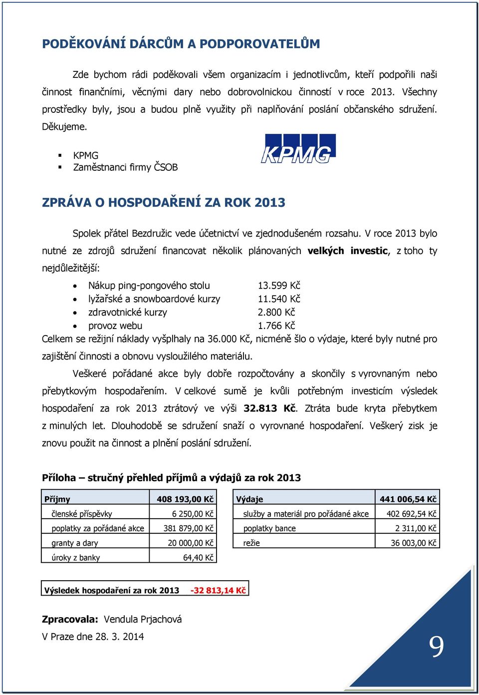 KPMG Zaměstnanci firmy ČSOB ZPRÁVA O HOSPODAŘENÍ ZA ROK 2013 Spolek přátel Bezdružic vede účetnictví ve zjednodušeném rozsahu.