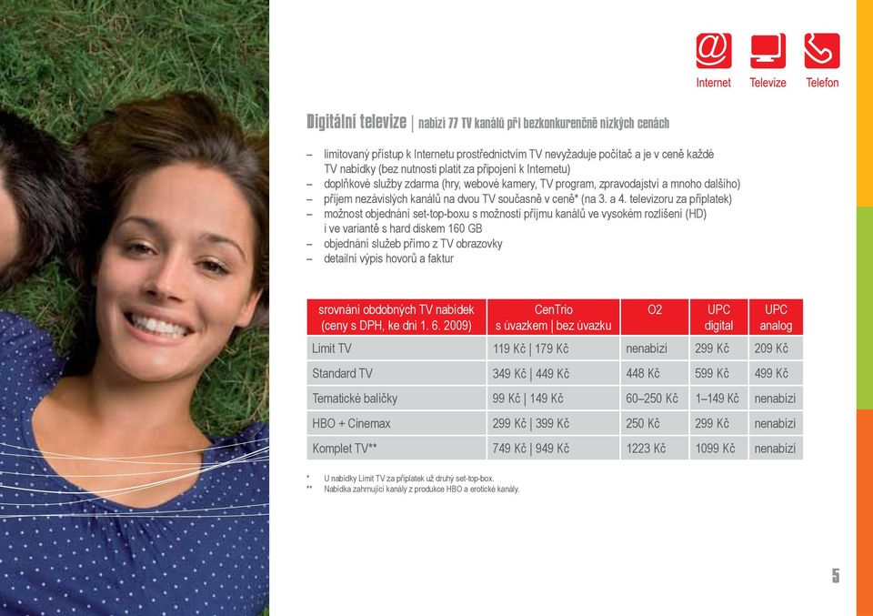 televizoru za příplatek) možnost objednání set-top-boxu s možností příjmu kanálů ve vysokém rozlišení (HD) i ve variantě s hard diskem 160 GB objednání služeb přímo z TV obrazovky detailní výpis