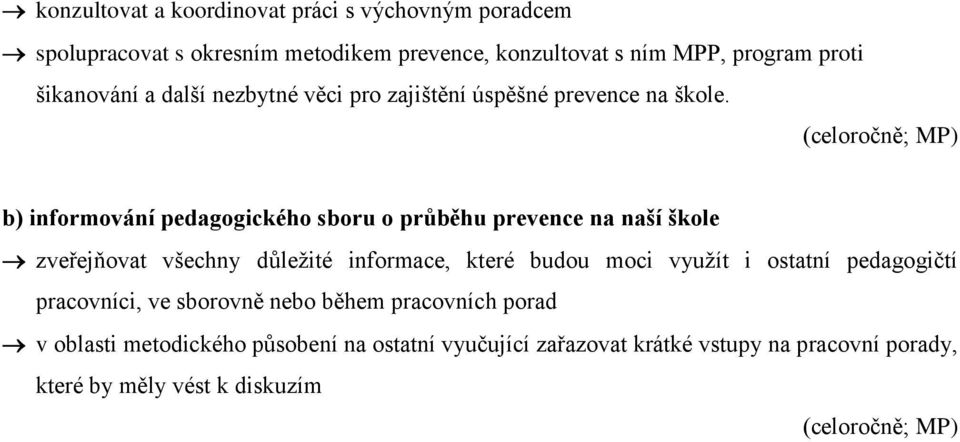 (celoročně; MP) b) informování pedagogického sboru o průběhu prevence na naší škole zveřejňovat všechny důleţité informace, které budou moci