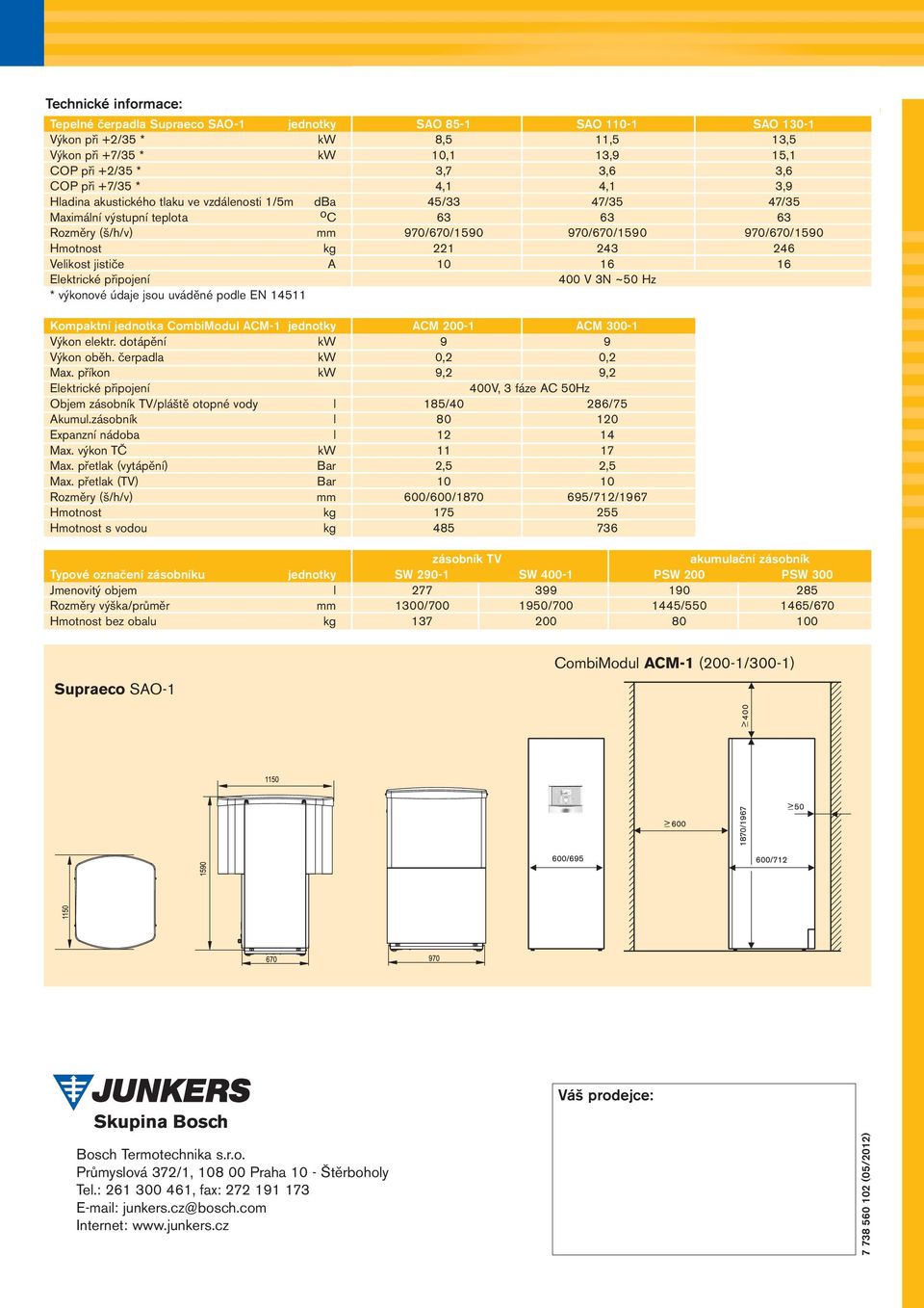 221 243 246 Velikost jističe A 10 16 16 Elektrické připojení 400 V 3N ~50 Hz * výkonové údaje jsou uváděné podle EN 14511 Kompaktní jednotka CombiModul ACM-1 jednotky ACM 200-1 ACM 300-1 Výkon elektr.