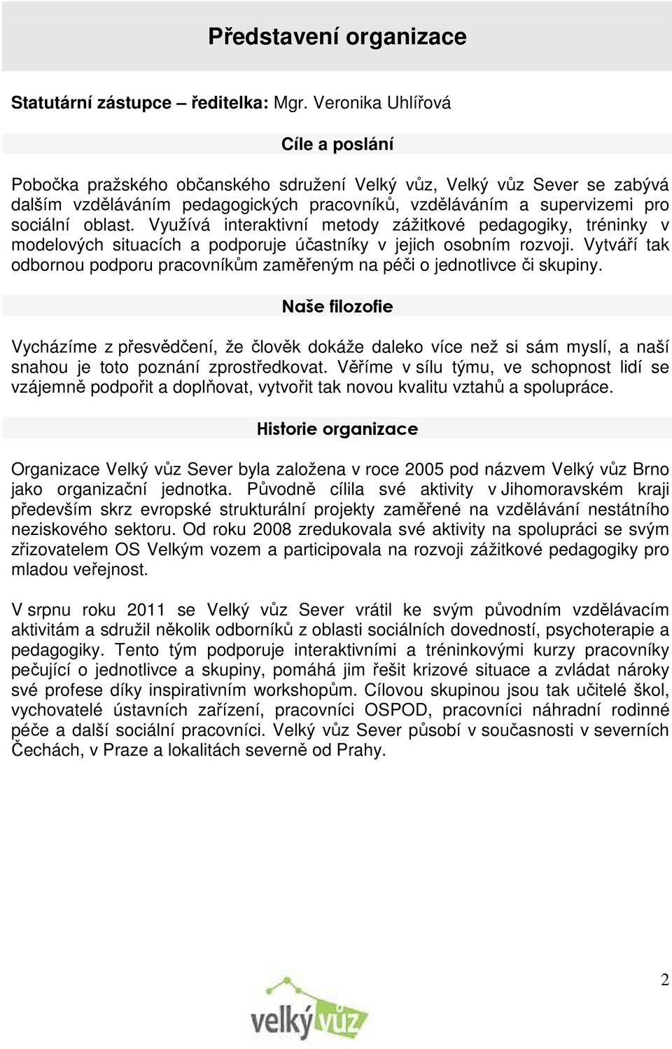 Využívá interaktivní metody zážitkové pedagogiky, tréninky v modelových situacích a podporuje účastníky v jejich osobním rozvoji.