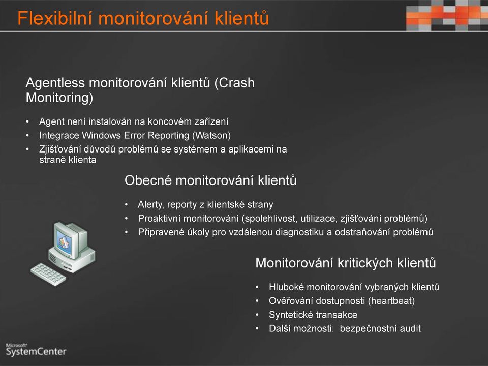 strany Proaktivní monitorování (spolehlivost, utilizace, zjišťování problémů) Připravené úkoly pro vzdálenou diagnostiku a odstraňování problémů