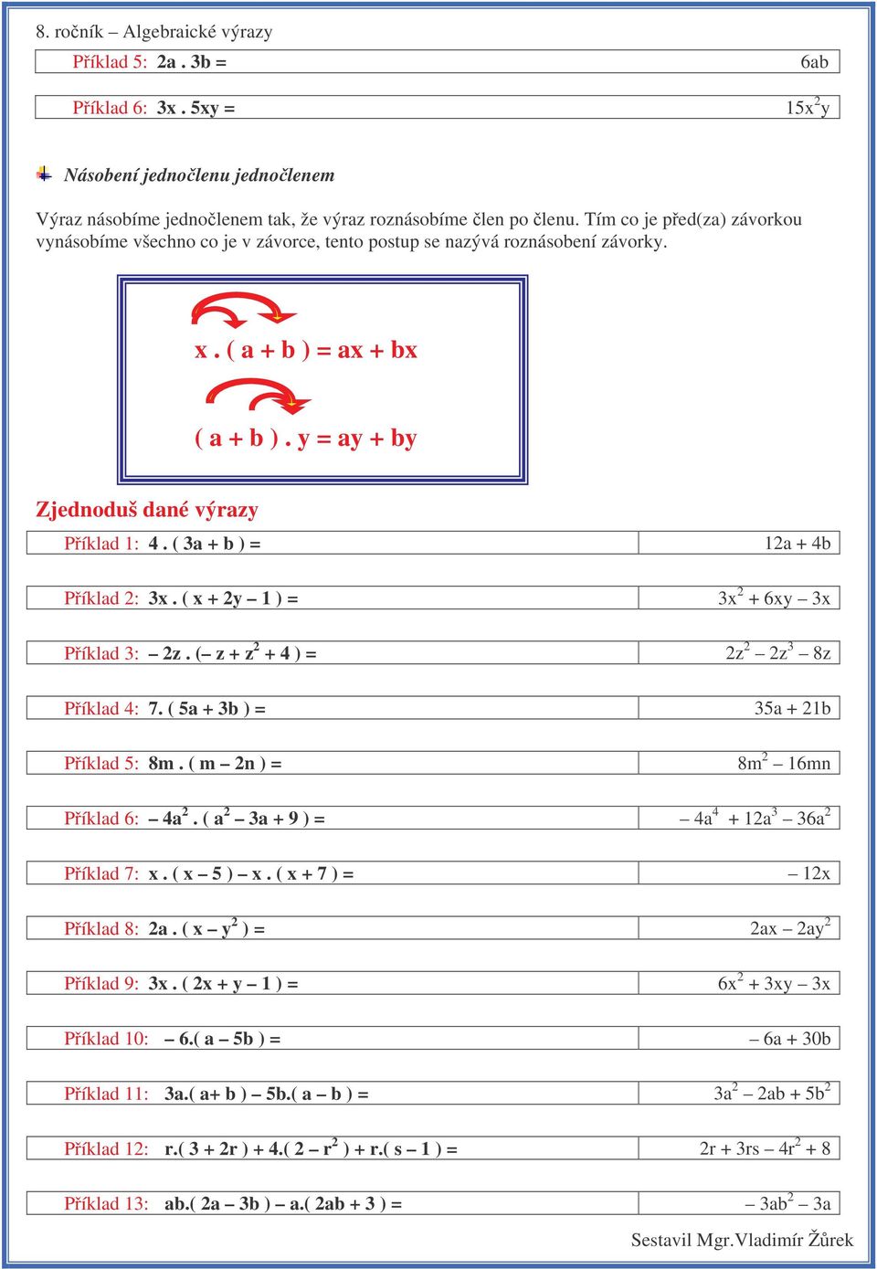 ( 3a + b ) = Píklad 2: 3x. ( x + 2y 1 ) = Píklad 3: 2z. ( z + z 2 + 4 ) = Píklad 4: 7. ( 5a + 3b ) = Píklad 5: 8m. ( m 2n ) = 12a + 4b 3x 2 + 6xy 3x 2z 2 2z 3 8z 35a + 21b 8m 2 16mn Píklad 6: 4a 2.