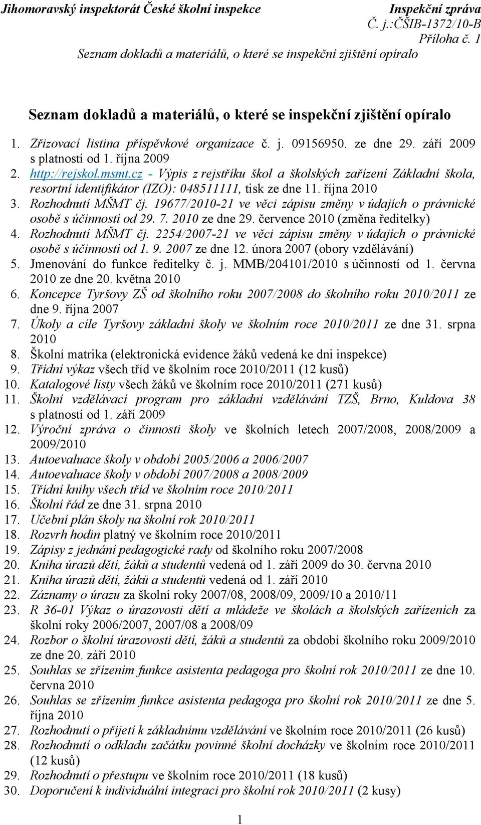 cz - Výpis z rejstříku škol a školských zařízení Základní škola, resortní identifikátor (IZO): 048511111, tisk ze dne 11. října 2010 3. Rozhodnutí MŠMT čj.