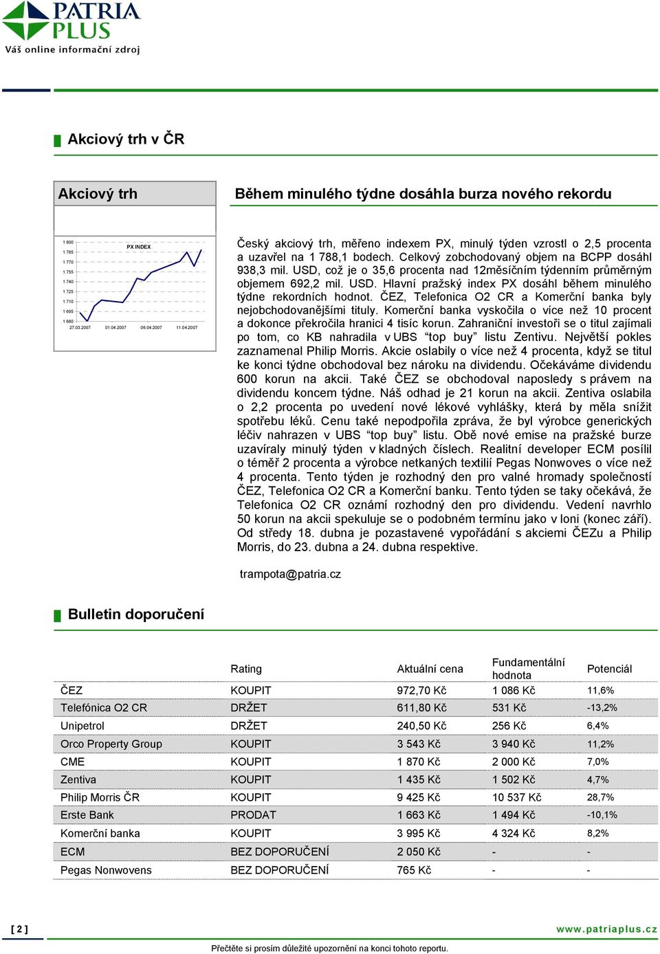 USD, což je o 35,6 procenta nad 12měsíčním týdenním průměrným objemem 692,2 mil. USD. Hlavní pražský index PX dosáhl během minulého týdne rekordních hodnot.