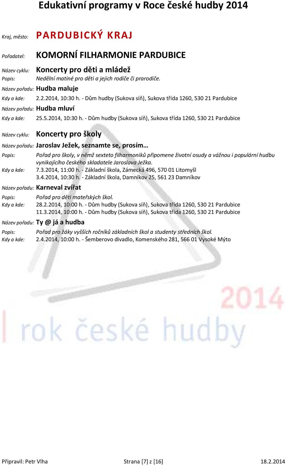 - Dům hudby (Sukova síň), Sukova třída 1260, 530 21 Pardubice Koncerty pro školy Název pořadu: Jaroslav Ježek, seznamte se, prosím Pořad pro školy, v němž sexteto filharmoniků připomene životní osudy