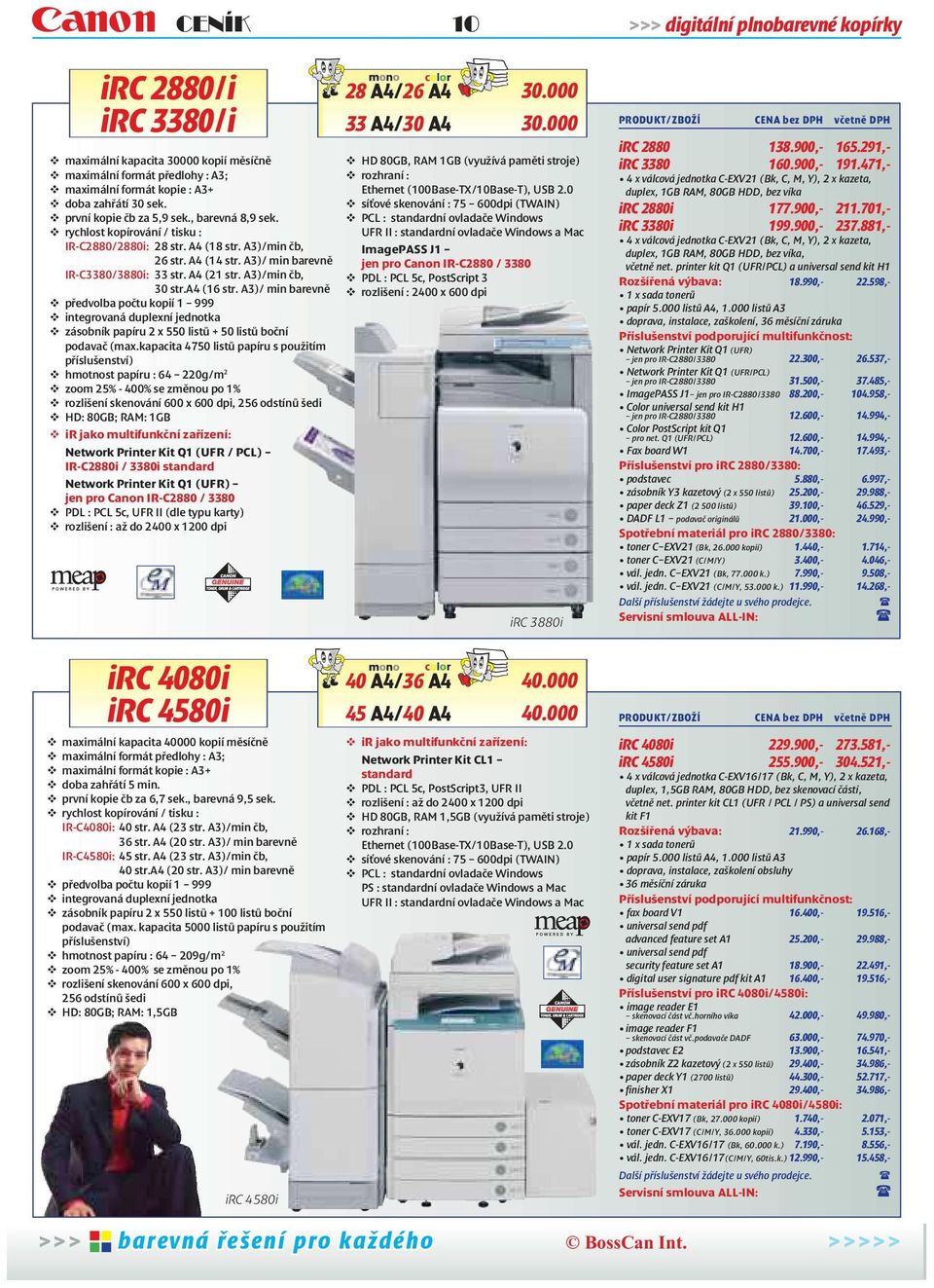 rychlost kopírování / tisku : IR-C2880/2880i: 28 str. A4 (18 str. A3)/min čb, 26 str. A4 (14 str. A3)/ min barevně IR-C3380/3880i: 33 str. A4 (21 str. A3)/min čb, 30 str.a4 (16 str.