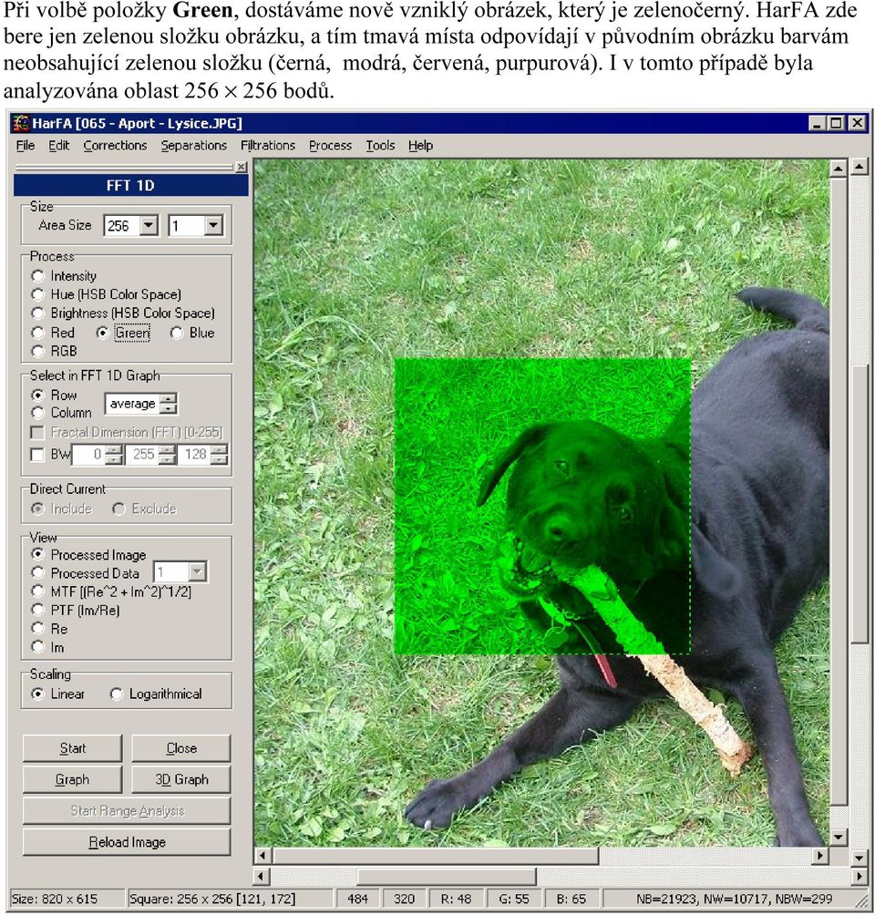 HarFA zde bere jen zelenou složku obrázku, a tím tmavá místa odpovídají v