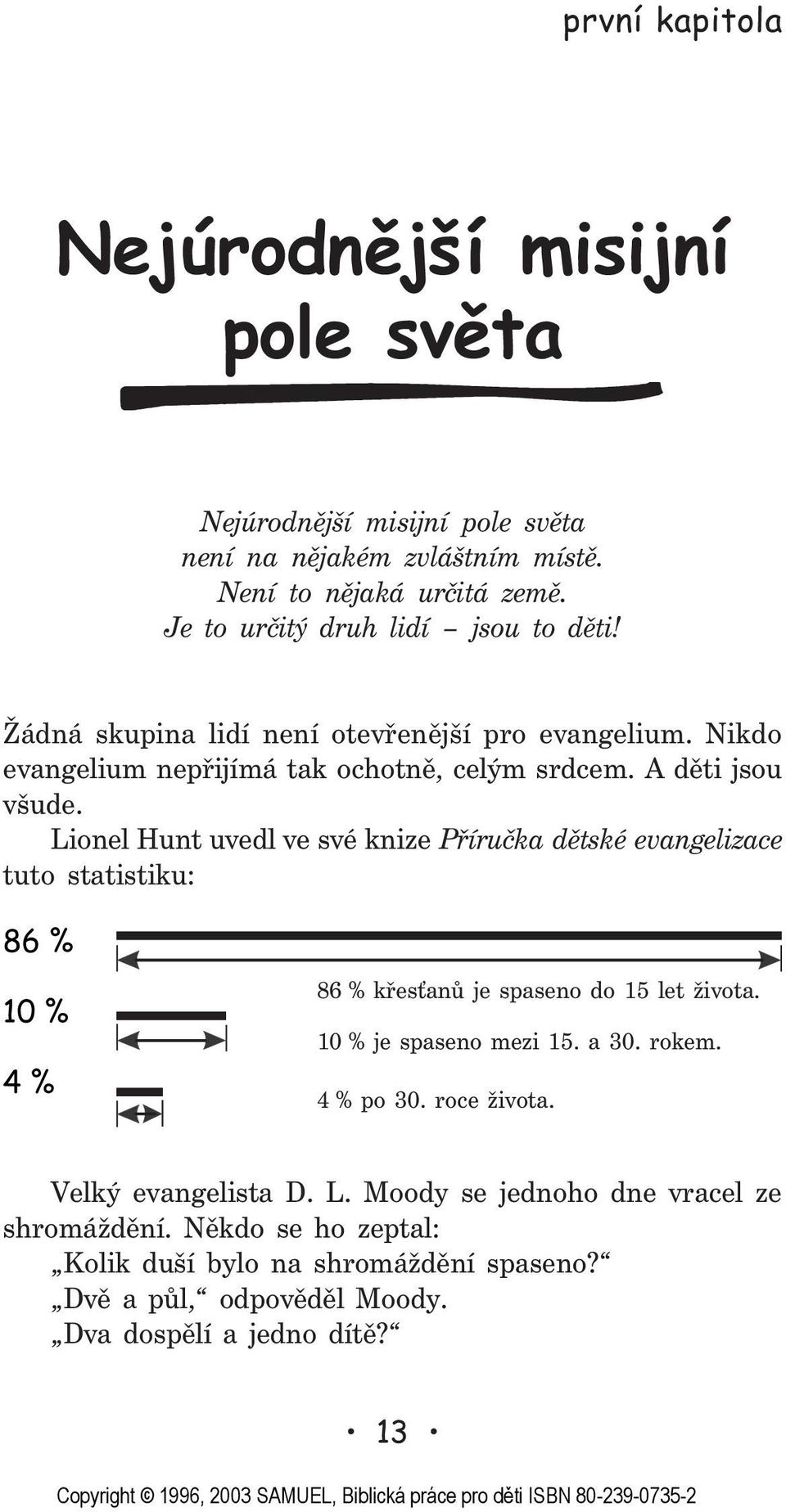 Lionel Hunt uvedl ve své knize Pøíruèka dìtské evangelizace tuto statistiku: 86 % 10 % 4% 86 % køes anù je spaseno do 15 let života. 10 % je spaseno mezi 15. a 30. rokem.