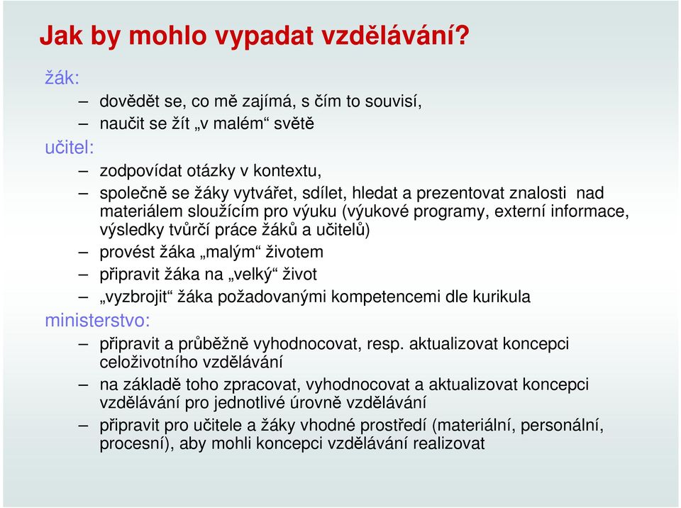 materiálem sloužícím pro výuku (výukové programy, externí informace, výsledky tvůrčí práce žáků a učitelů) provést žáka malým životem připravit žáka na velký život vyzbrojit žáka požadovanými