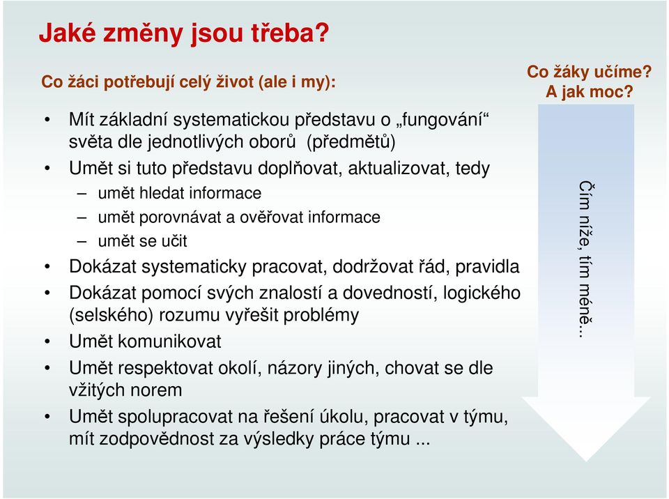 doplňovat, aktualizovat, tedy umět hledat informace umět porovnávat a ověřovat informace umět se učit Dokázat systematicky pracovat, dodržovat řád, pravidla