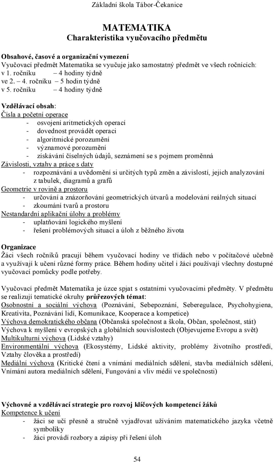 ročníku 4 hodiny týdně Vzdělávací obsah: Čísla a početní operace - osvojení aritmetických operací - dovednost provádět operaci - algoritmické porozumění - významové porozumění - získávání číselných