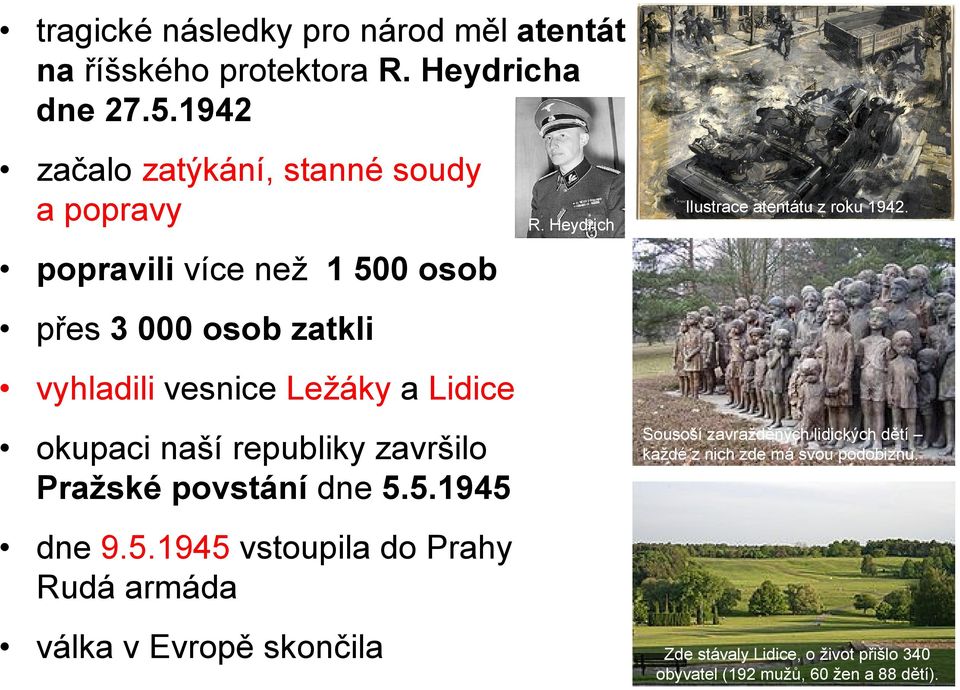 popravili více než 1 500 osob přes 3 000 osob zatkli vyhladili vesnice Ležáky a Lidice okupaci naší republiky završilo Pražské