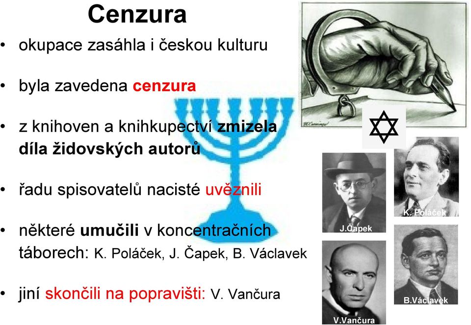 K. Poláček některé umučili v koncentračních táborech: K. Poláček, J. Čapek, B.
