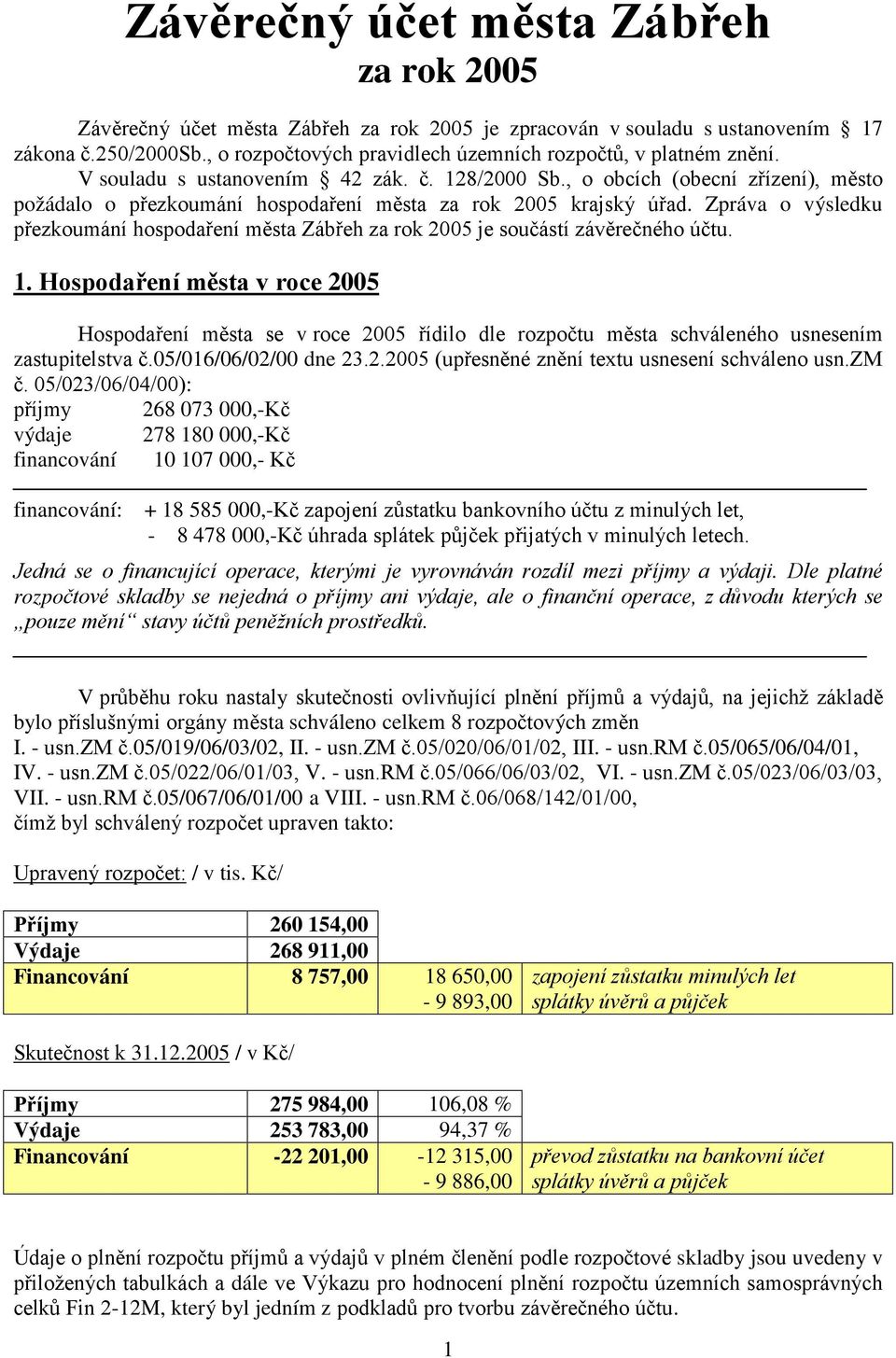 , o obcích (obecní zřízení), město požádalo o přezkoumání hospodaření města za rok 2005 krajský úřad. Zpráva o výsledku přezkoumání hospodaření města Zábřeh za rok 2005 je součástí závěrečného účtu.