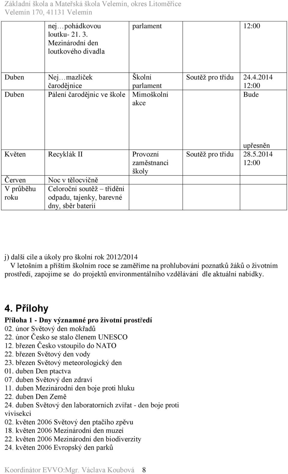 2014 j) další cíle a úkoly pro školní rok 2012/2014 V letošním a příštím školním roce se zaměříme na prohlubování poznatků žáků o životním prostředí, zapojíme se do projektů environmentálního