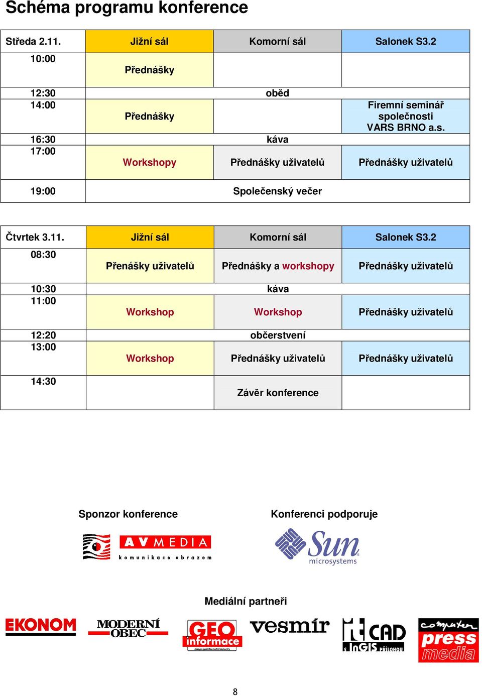 miná spolenosti VARS BRNO a.s. 16:30 káva 17:00 Workshopy Pednášky uživatel Pednášky uživatel 19:00 Spoleenský veer tvrtek 3.11.