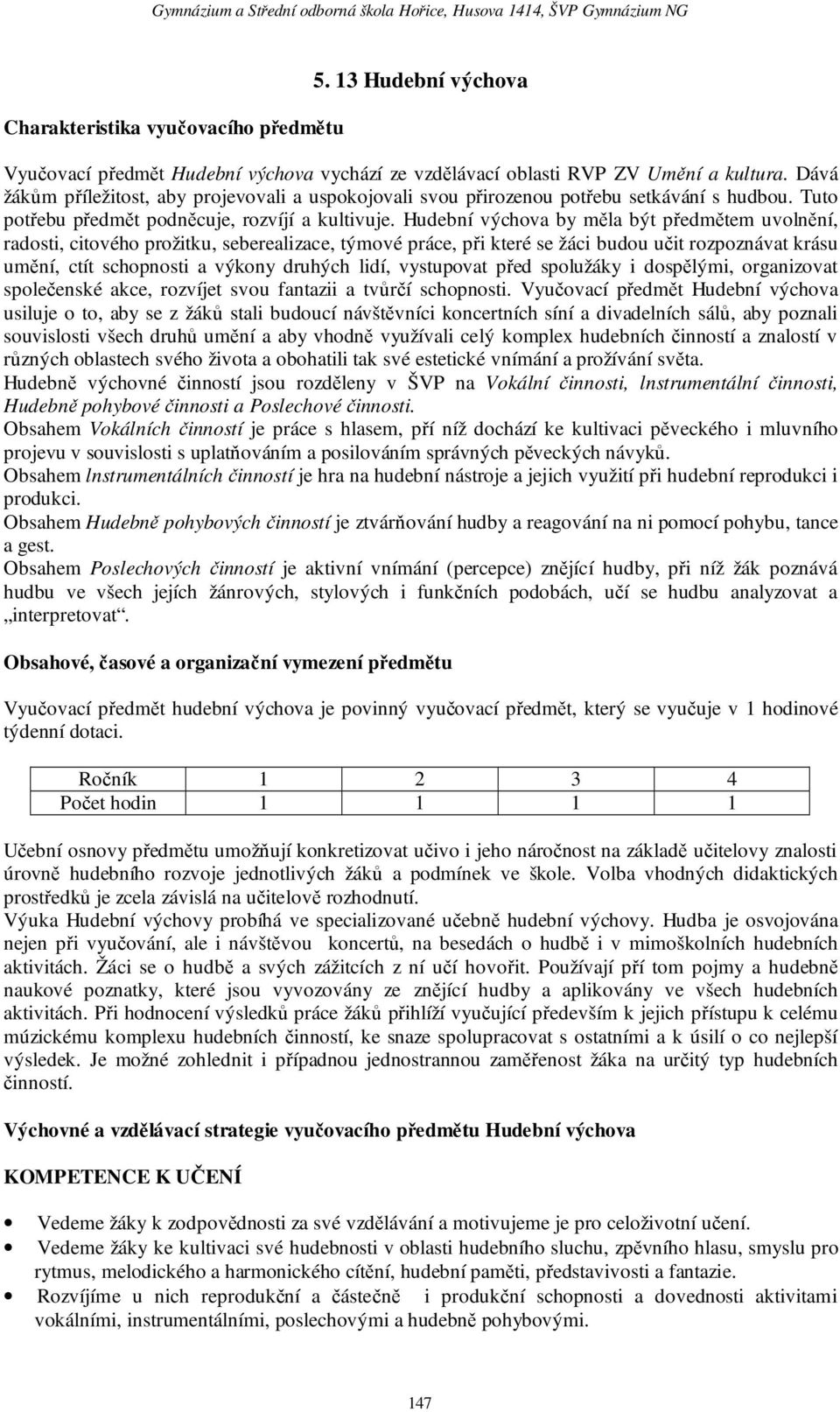 Hudební výchova by měla být předmětem uvolnění, radosti, citového prožitku, seberealizace, týmové práce, při které se žáci budou učit rozpoznávat krásu umění, ctít schopnosti a výkony druhých lidí,