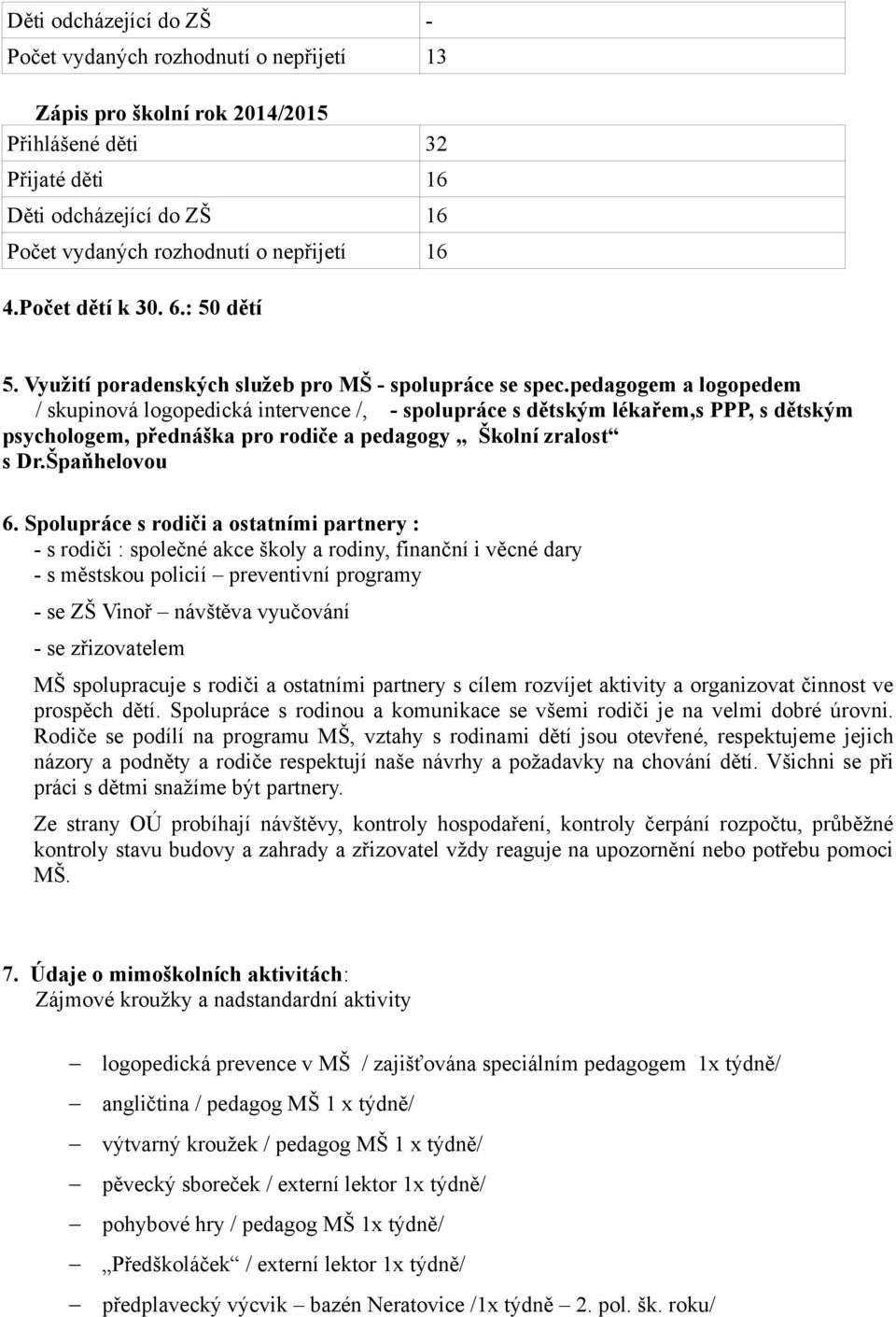 pedagogem a logopedem / skupinová logopedická intervence /, - spolupráce s dětským lékařem,s PPP, s dětským psychologem, přednáška pro rodiče a pedagogy Školní zralost s Dr.Špaňhelovou 6.